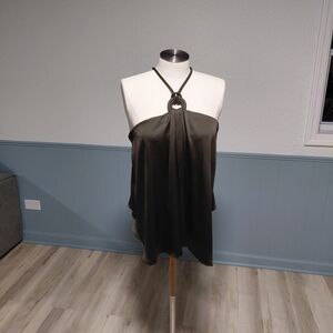 White House Black Market Olive Green Halter Satin Top with Ring Detail